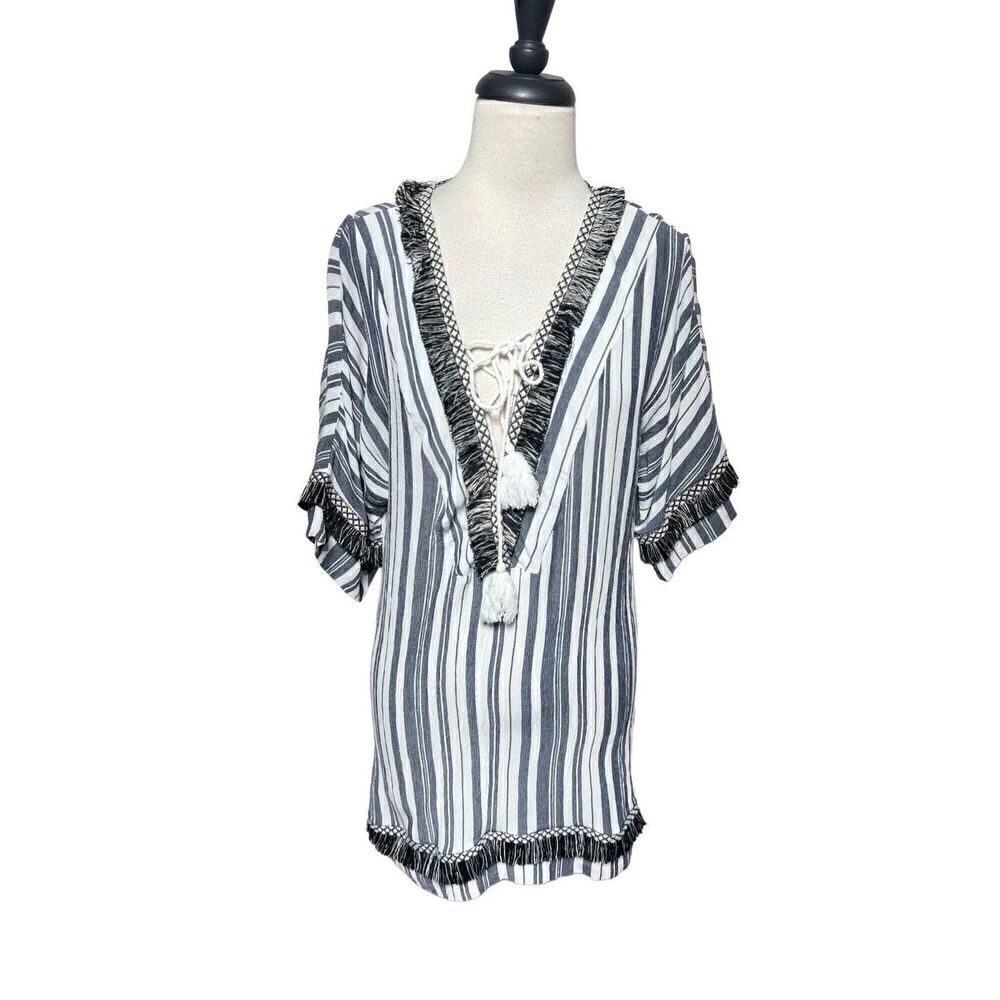 Velzera Short Sleeve Striped, Fringed Bohemian Mini Dress Cover Up Size Small